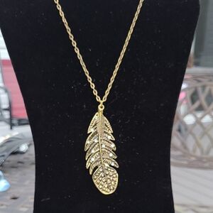 Antique Gold Feather Pendant Necklace 30"